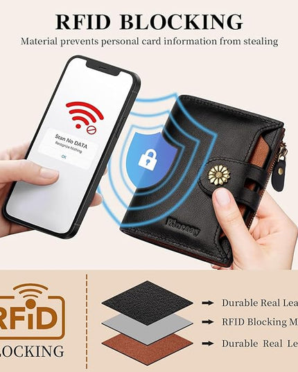 Blucoay Wallet Women,RFID Blocking Leather Womens Wallet Bifold Compact Card Holder Small Wallet for Women with Removable ID Window blackbrown
