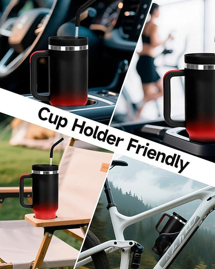 40oz Tumbler with Handle and Straw Spout 2-in-1 Lid, Spill Leak Proof Insulated Travel Cup Traveler Water Mug Keep Cold Hot, Dishwasher Safe Stainless Steel Bottle Gifts for Women Men, Black Red