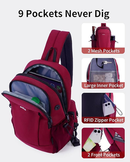 ECOHUB Anti-Theft Crossbody Bag Men Women, RFID Blocking Lightweight Sling Backpack Eco-Friendly with 9 Pockets Sturdy SBS Zippers Water Resistant for Travel Work Hiking Outdoor, Red