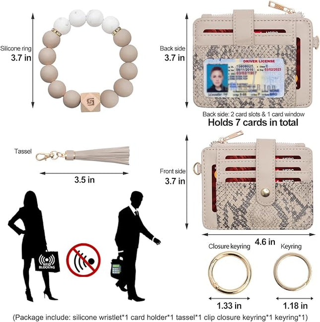 COOLANS Silicone Bracelet Wristlet Wallet Credit Card Holder RFID,ID Window,Key Ring Tassel,Slim Wallet Women Keychain Purse