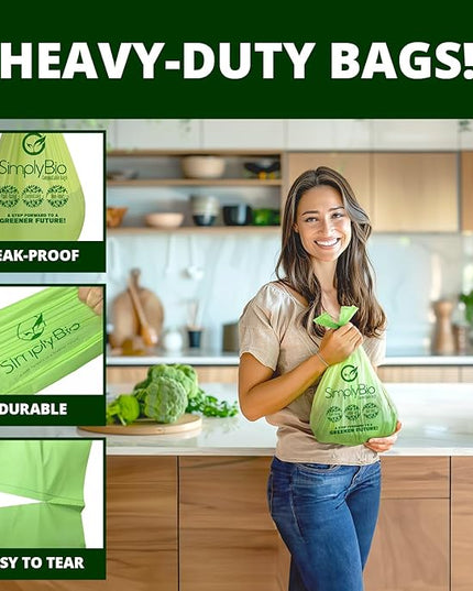 Simply Bio 3 Gallon Compostable Trash Bags Liners with Handle-Tie, Thick 0.67 Mil, 11.36 Liter, 80 Bags, Small Kitchen Food Scrap Waste Bag, ASTM D6400, US BPI and OK Compost Home Certified