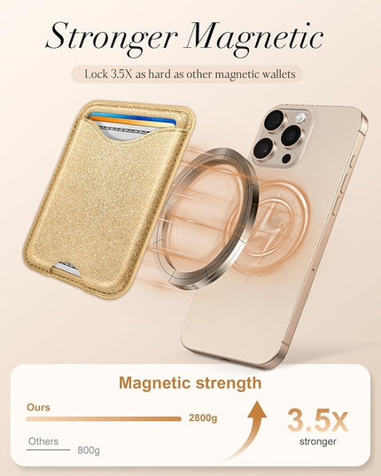 Shorogyt Compatible with Magsafe Wallet Magnetic Card Holder - Glitter Bling Gold Phone Wallets for Women Teen Girls for iPhone 17/16/15/14/13/12 Series Slim for Apple Mag RFID Magnet, Fit 3 Cards
