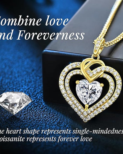OOBEE Moissanite Heart Necklaces for Women, 1- 4 Carat Moissanite 925 Sterling Silver Gold Plating Fine Women Necklace，Ideal Anniversary Birthday Christmas Valentine Mothers Day Jewelry Gifts for Mom Wife Her Girlfriend