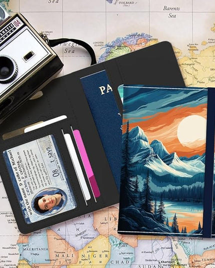 PU Leather Passport Holder Cover 5.9×4.3 Inch with Credit Card Slot and Boarding Pass Slot Combo Blocking Passport Holder Wallet Cover Case for Travel Boarding Essentials (Mountain)