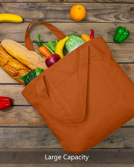 TOPDesign 3-Pack Canvas Tote Bags with an External Pocket, Reusable Grocery Shopping Bags, Top Zipper Closure, Daily Essentials (Orange)