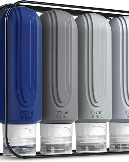 Travel Bottles for Toiletries, Large 6oz Oversize Containers, BPA Free Leak Proof Tubs Refillable Liquid Traveler Accessories with Toiletry Bag for Cometic Shampoo and Lotion Soap (4 Pack)