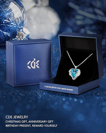 CDE Christmas Gifts for Women Angel Wings Necklace for Women with Birthstone, Love Heart Silver Tone/Gold Tone Pendant, Ideal Anniversary or Birthday Jewelry Gifts for Wife Girlfriend Her