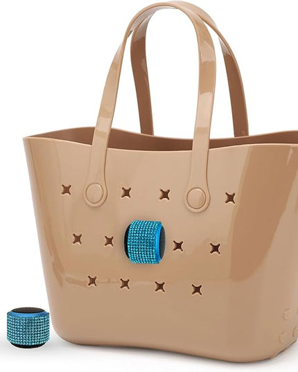 Tote Tunes Waterproof Mini Bluetooth Speaker Compatible with Bogg-Style Tote Bags – Wireless Portable Sound with Secure Rivet Attachment (Aqua Rhinestone)