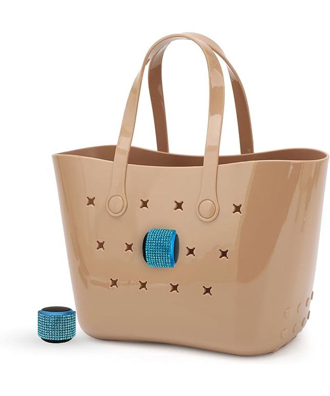 Tote Tunes Waterproof Mini Bluetooth Speaker Compatible with Bogg-Style Tote Bags – Wireless Portable Sound with Secure Rivet Attachment (Aqua Rhinestone)
