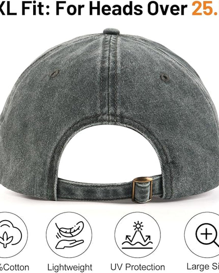 XXL Oversize Washed Denim Baseball Cap,Low Profile Jean Sports Cap for Big Heads 23.5"-25.5",Large Pigment Dyed Dad Hat