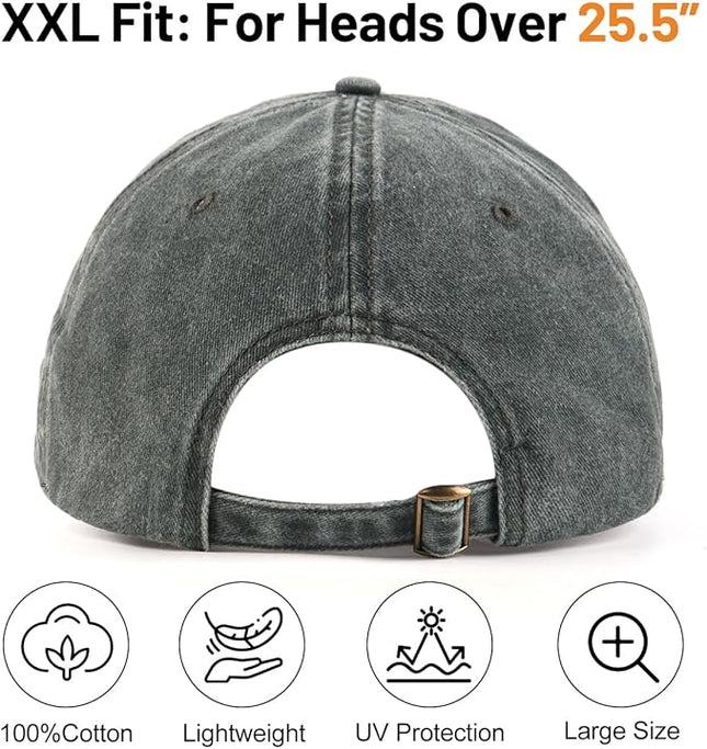XXL Oversize Washed Denim Baseball Cap,Low Profile Jean Sports Cap for Big Heads 23.5"-25.5",Large Pigment Dyed Dad Hat