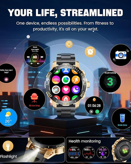 LIGE Smart Watches for Men, Make/Answer Call, 1.43" AMOLED Fitness Watch with Heart Rate/Sleep Monitor, 600mAH Battery, 200+ Sports Modes, IP68, Business Sport Smart Watch for Android iOS, Amber Black