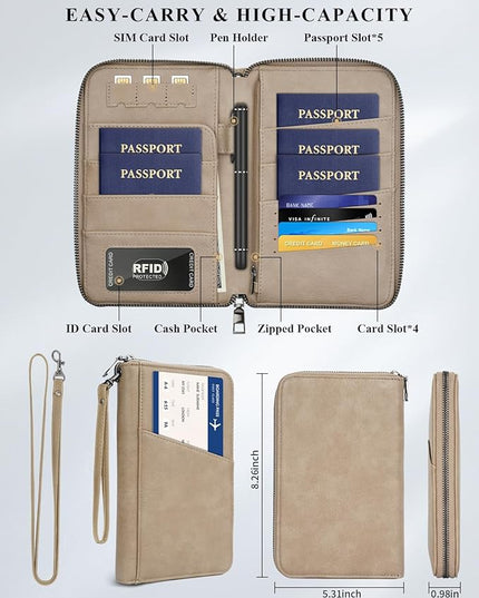 Family Passport Holder Wallet RFID Travel Document Organizer for Women Men, Portable Case Cover for Cards, Boarding Pass with Wrist & Neck Strap, Airtag Pocket, Travel Essentials Gifts (Sand, 1pack)
