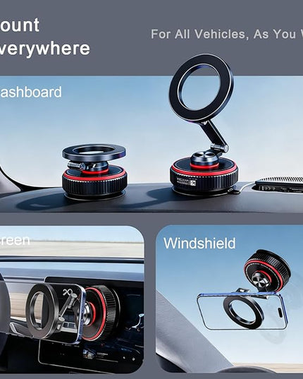 Magnetic Car Phone Mount, 120+ LB Vacuum Suction & 3000gf Magnetic Force, 360° Triple-Axis Adjustable Car Holder for iPhone & All Phones, Twist-Lock Suction Cup, Quick-Release – Black
