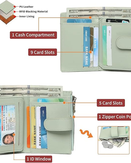 GAEKEAO Small Wallets for Women Leather RFID Blocking Bifold Zipper Pocket Wallet Card Case Purse with ID Window