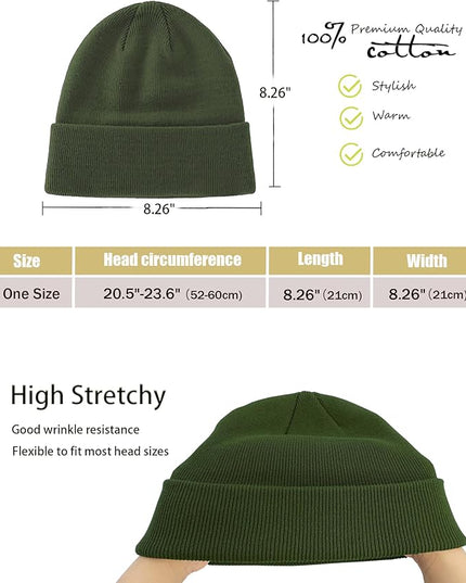 100% Cotton Beanie Hat- Unisex Ultra Soft Winter Warm Stretch Knit Cuffed Hats Fisherman Beanies Skull Cap