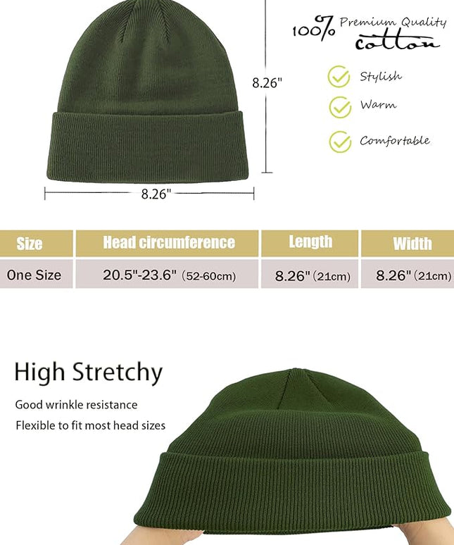 100% Cotton Beanie Hat- Unisex Ultra Soft Winter Warm Stretch Knit Cuffed Hats Fisherman Beanies Skull Cap