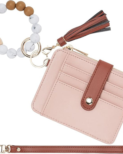 Keychain Wallet with Bracelet RFID Blocking Wristlet Credit Purse Card Holder, Silicone Bead Tassel Key Ring for Women