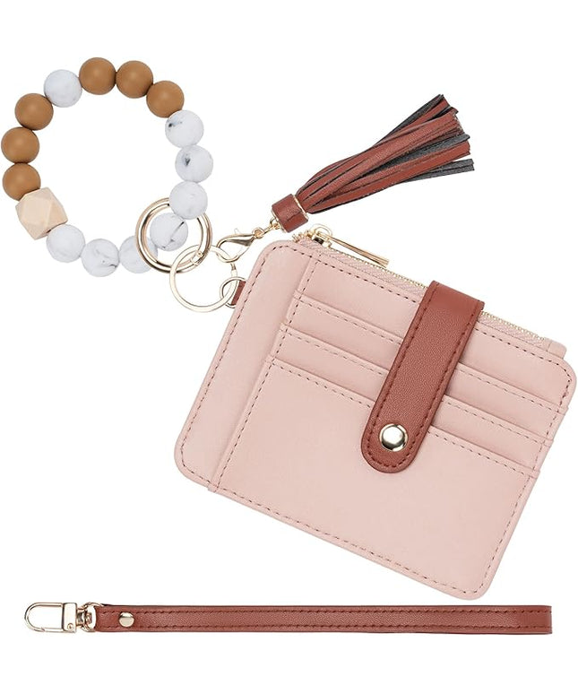 Keychain Wallet with Bracelet RFID Blocking Wristlet Credit Purse Card Holder, Silicone Bead Tassel Key Ring for Women