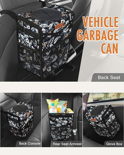 Car Trash Can with Lid, Cute Leakproof Car Trash Garbage Bag Hanging Vehicle Trash Bin Small Portable Automotive Garbage Cans Organizer for Back/Front Seat(Trapezoid,Black with Lily Print)