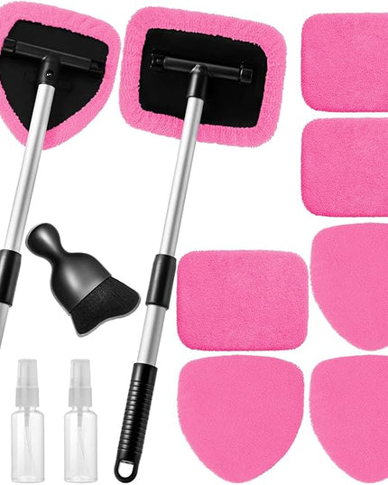 11pcs Windshield Cleaner Tool, Car Window Cleaning Wash Kit with 6 Reusable Microfiber Pads 2 Spray Bottles and Extendable Handles Auto Glass Wiper Kit, Pink