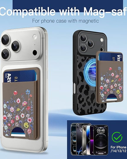Stronger Magnetic Card Slot Wallet for iPhone 17/16/15/14/13/12 Series (Not for 13/12 Mini), Flower Pattern Hard Card Holder Fit 3 Cards Compatible with Magsafe Accessories, Brown