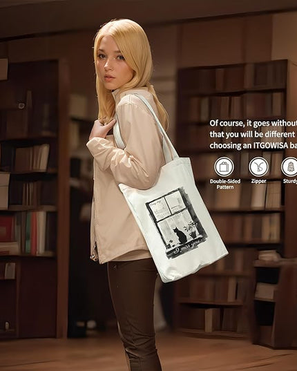 Tote Bag for Women, Reusable Zippered Canvas Bag with Handles Pocket Thick Canvas, for Grocery Shopping Beach Gift