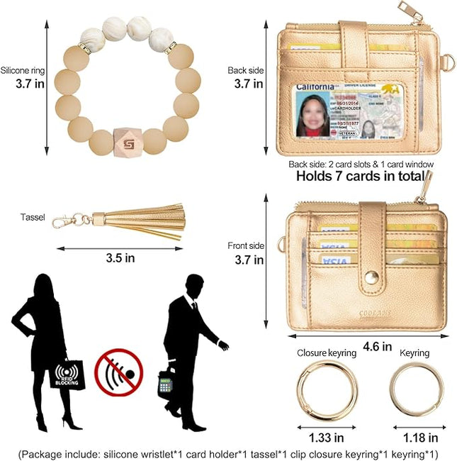 COOLANS Silicone Bracelet Wristlet Wallet Credit Card Holder RFID,ID Window,Key Ring Tassel,Slim Wallet Women Keychain Purse
