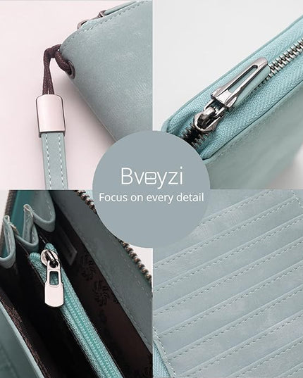Bveyzi Women RFID Blocking Wallet Leather Zip Around Phone Clutch Large Capacity Ladies Travel Purse Wristlet | RFID Blocking, Zip Around, Large Capacity