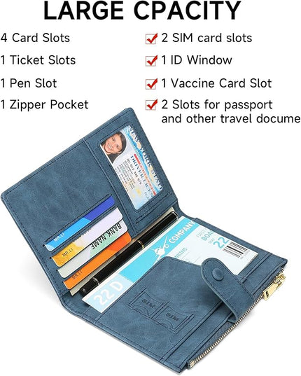 RFID Blocking Leather Passport Wallet Cover Case with Pen and Card Slots Travel Wallet for Women/Men Travel Must Haves Accessories
