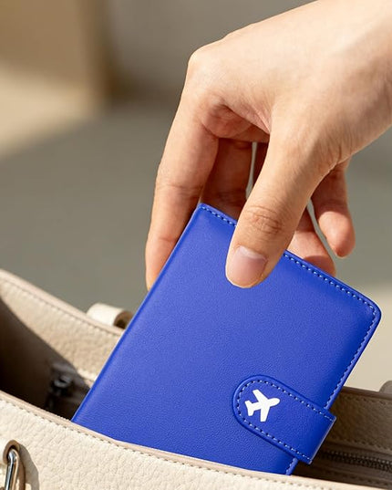 Passport Holder, Travel Wallet Cover with Pen Loop | Cute RFID Blocking Leather Case with Magnetic Closure for Travel Essentials-Blue