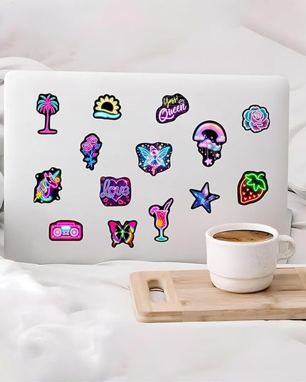 Neon Water Bottle Stickers for Kids, 70 Pcs Waterproof Vinyl Laptop Decals, Teens Girls Boys Adults Phone Case Skateboard Luggage Decor