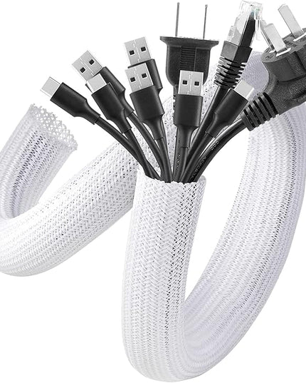AGPTEK Cable Sleeve Cover, 10ft - 1.5 inch Desk Cord Organizer Cable Hider, Home Office Wire Management Computer TV Wire Loom Tubing, Pet Proof Cord Protector, from Cat Dog Chewing, White