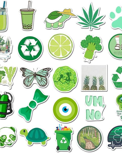 Girl's Colorful Aesthetic Stickers - Waterproof Cute Stickers 50 PCS for Water Bottle, Laptop, Phone - Teens & Kids (Green)