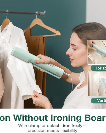 Newbealer 3in1 Clamp Travel Steam Iron with Global Voltage, 100-240V Clothes Steamer, Dry Ironing & 2 Steam Levels, Non-Stick Ceramic Soleplate, Auto-off, Self Cleaning, w/Detachable Clamp (Green)