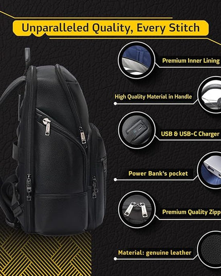 Durable Leather Laptop Business Backpack Perfect for Men & Women, Work Backpack Fits 15.6 Inch, Premium Quality Travel Bag with USB Charging Port, Water-Resistant, Bookbag with Multiple Pockets