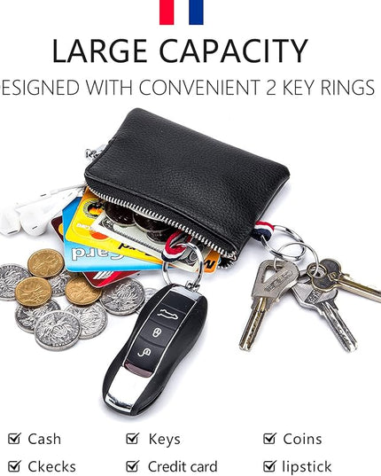 Plinvo Mini Genuine Leather Wallet Coin Purse with Dual Keyrings Compact Change Pouch and Card Holder for Men and Women (Coffee)