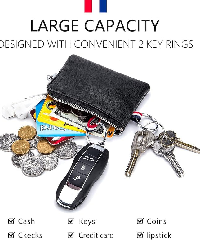 Plinvo Mini Genuine Leather Wallet Coin Purse with Dual Keyrings Compact Change Pouch and Card Holder for Men and Women (Black)