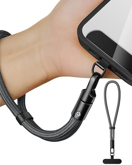 Minimalist Wrist Strap Phone Lanyard with Adjustable Drop-Proof Design, 7mm Reinforced Climbing Rope Material, 2 Phone Tether Tabs (Matching Metal and Rotatable Clear) - Fuscous Grey