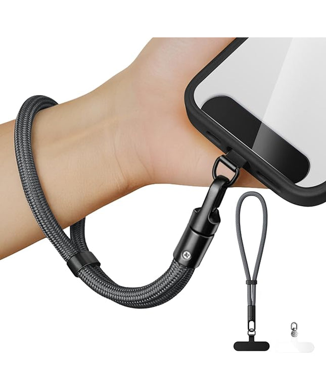Minimalist Wrist Strap Phone Lanyard with Adjustable Drop-Proof Design, 7mm Reinforced Climbing Rope Material, 2 Phone Tether Tabs (Matching Metal and Rotatable Clear) - Fuscous Grey