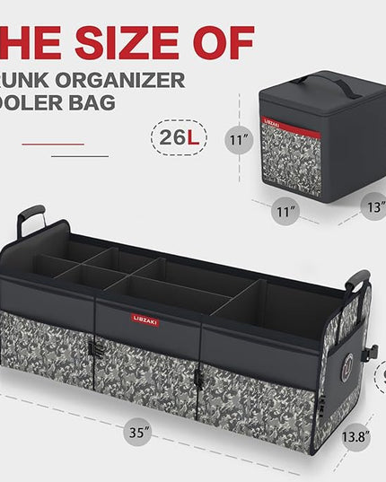 LIBZAKI Car Trunk Organizer,3 Compartments Big Trunk Storage, Large Capacity, Foldable, 95L Heavy Duty Storage Box for Car, SUV, Truck,Jeep, Includes 26L Cooler Bag-Black Camouflage