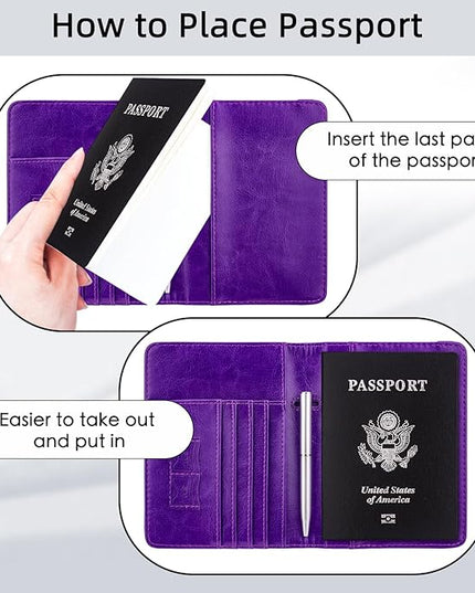 WALNEW Passport Holder for Travel, RFID Passport Cover Wallet for Women Men, PU Leather Passport Book Card Holder Case with Pen (Elastic Band Closure, A-Purple)