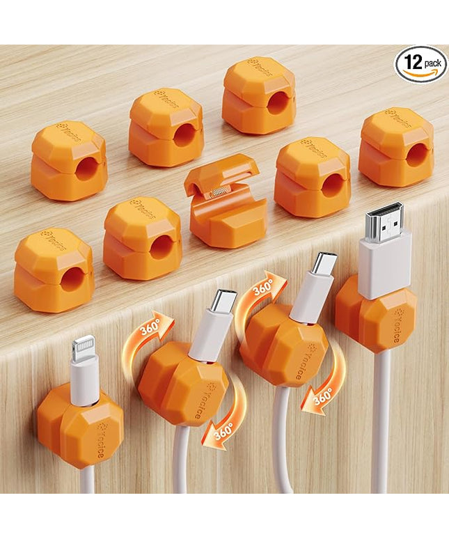 12 Pack Rotatable Cable Clips,Spring Cord Organizer Desk Cable Management Cord Holder Adhesive Phone Charger Cord Clips for Home Office Car Wall Nightstand Accessories Orange