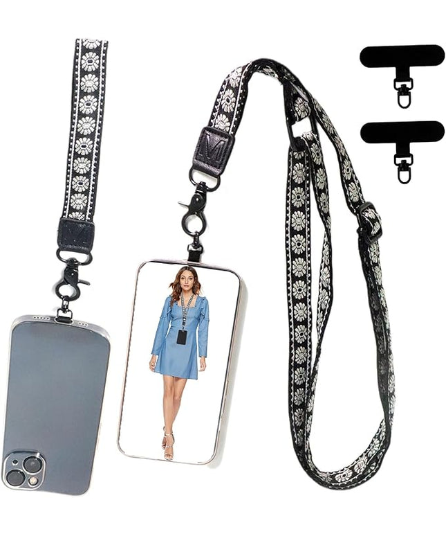 Adjustable Lanyard for Phone, Camera, Name Tags, ID card, Keychain and Wristlet Straps with 2 phone pads(Black)