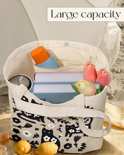 Embroidery Canvas Tote Bag for Women - Reusable Totes with Pocket & Buckle Aesthetic Cute Grocery Shoulder Bag