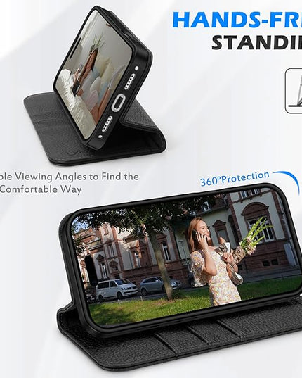 SHIELDON Real Leather Wallet Case for iPhone 17 Pro 6.3 Inch 5G 2025 | Magnetic Cover | RFID Blocking Card Slots | Kickstand | Folio Protective Phone Shell | Women Men | Pebbled Black