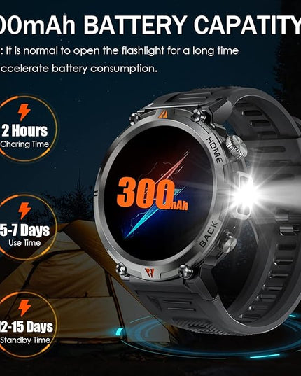 Military Smart Watch for Men with LED Flashlight 1.45” Rugged 3ATM Waterproof Smart Watch with 100+ Sports Modes Fitness Tracker with Heart Rate Sleep Monitor Tactical Smartwatch for iPhone Android