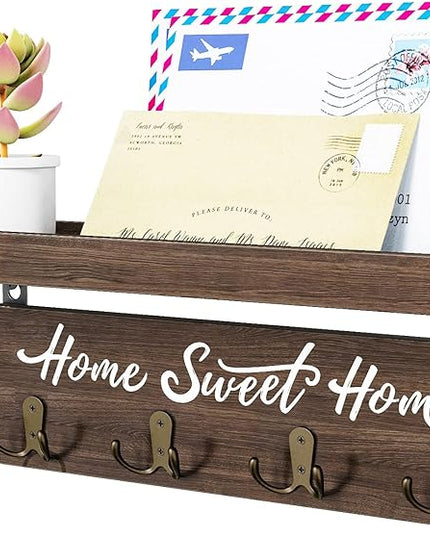buways Wall-Mounted Key and Mail Holder, Wooden Key Rack with 4 Double Key Hooks, Rustic Home Decor for Entryway