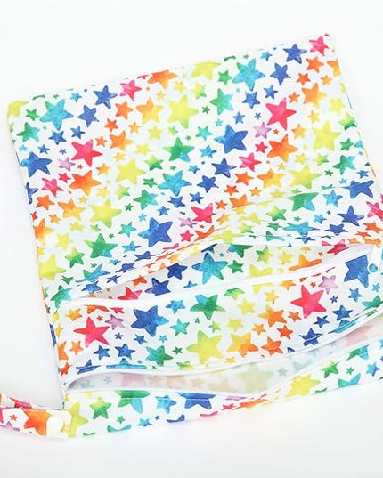 Wet Bag Baby Cloth Diaper Nappy Reusable Washable With Two Zippered Pockets (Rainbow Stars)