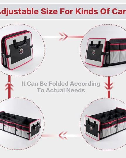 LIBZAKI Car Trunk Organizer,3 Compartments Big Trunk Storage, Large Capacity, Foldable, 95L Heavy Duty Storage Box for Car, SUV, Truck,Jeep, Includes 26L Cooler Bag-Gray&Black